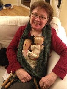 My BFF with the scarf and dolls she made for me.